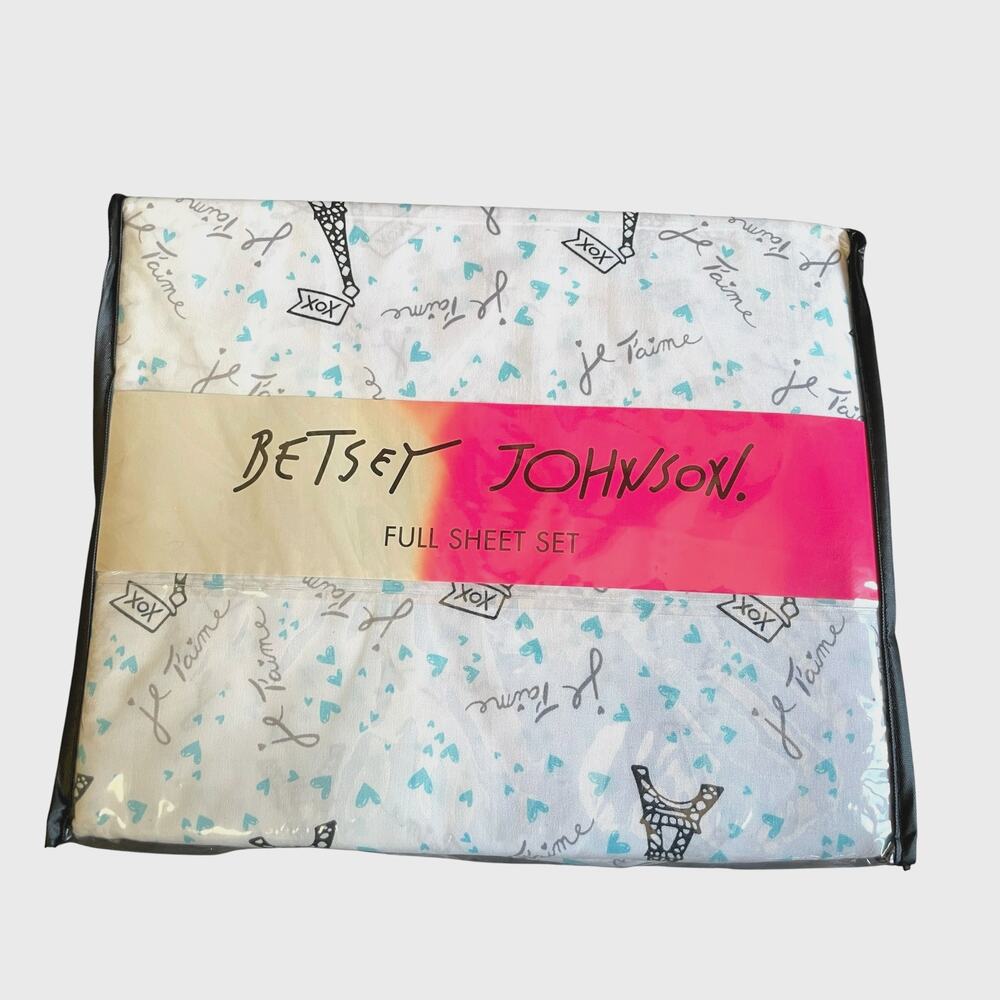 Betsey Johnson Full Sheet Set 4 pieces Paris Eiffel Tower Je T'aime Teal Heart